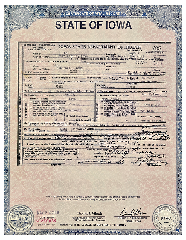 Fake Iowa Birth Certificate